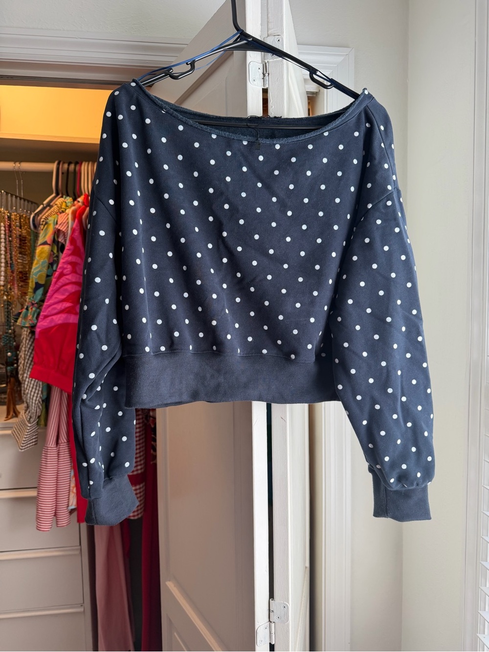 Papermoon Navy and White Polka Dot Off-Shoulder Sweatshirt.